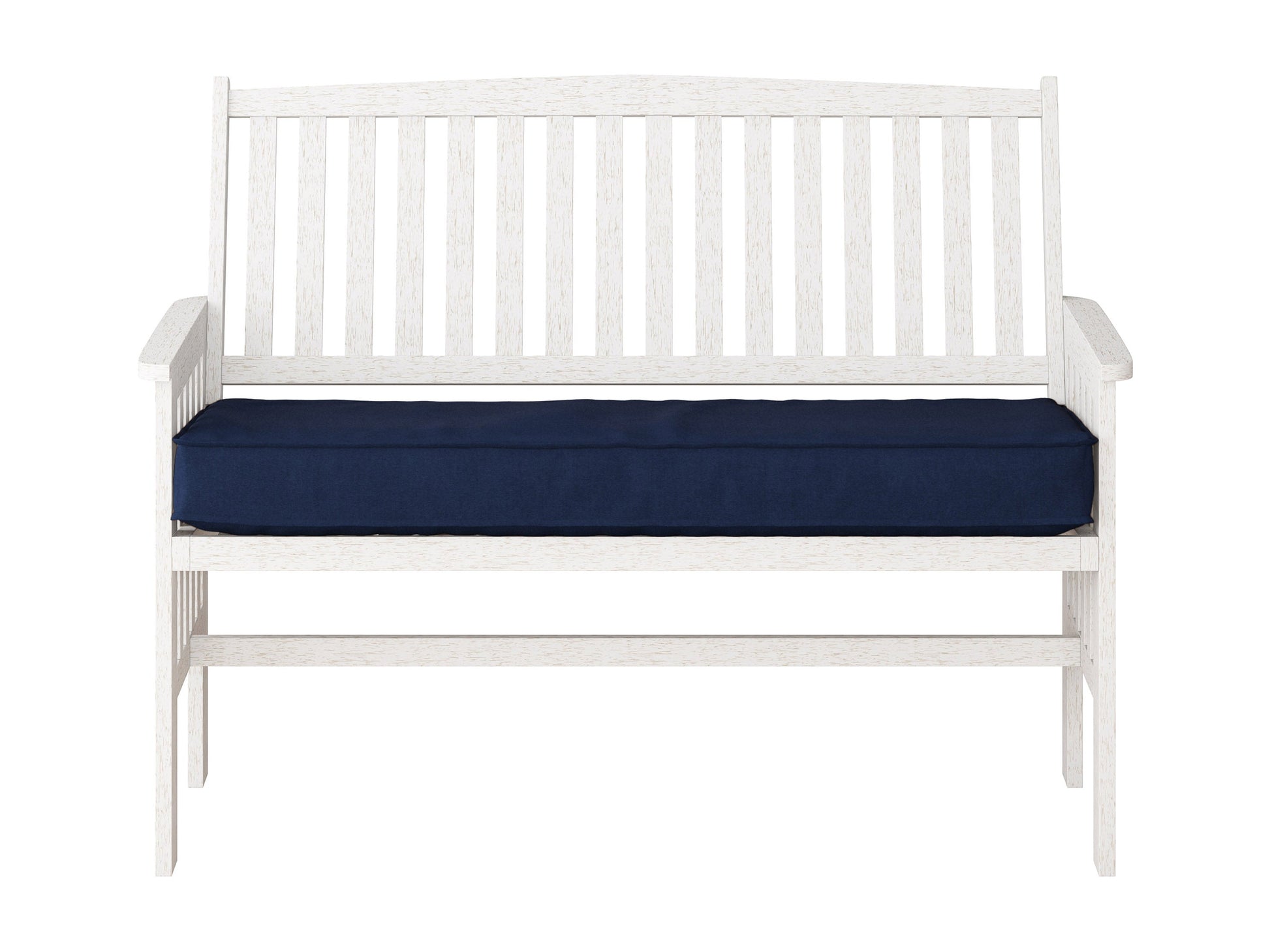 Washed white wood patio bench with backrest, slatted design, and sturdy construction for outdoor seating.
