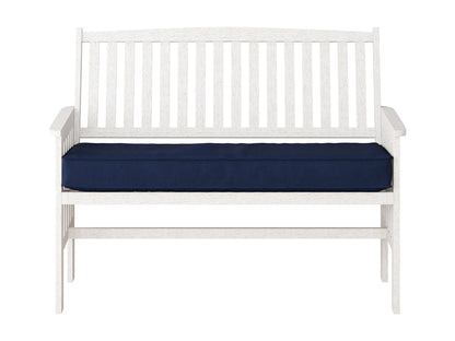 Washed white wood patio bench with backrest, slatted design, and sturdy construction for outdoor seating.