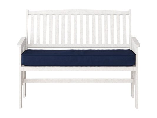 Washed white wood patio bench with backrest, slatted design, and sturdy construction for outdoor seating.