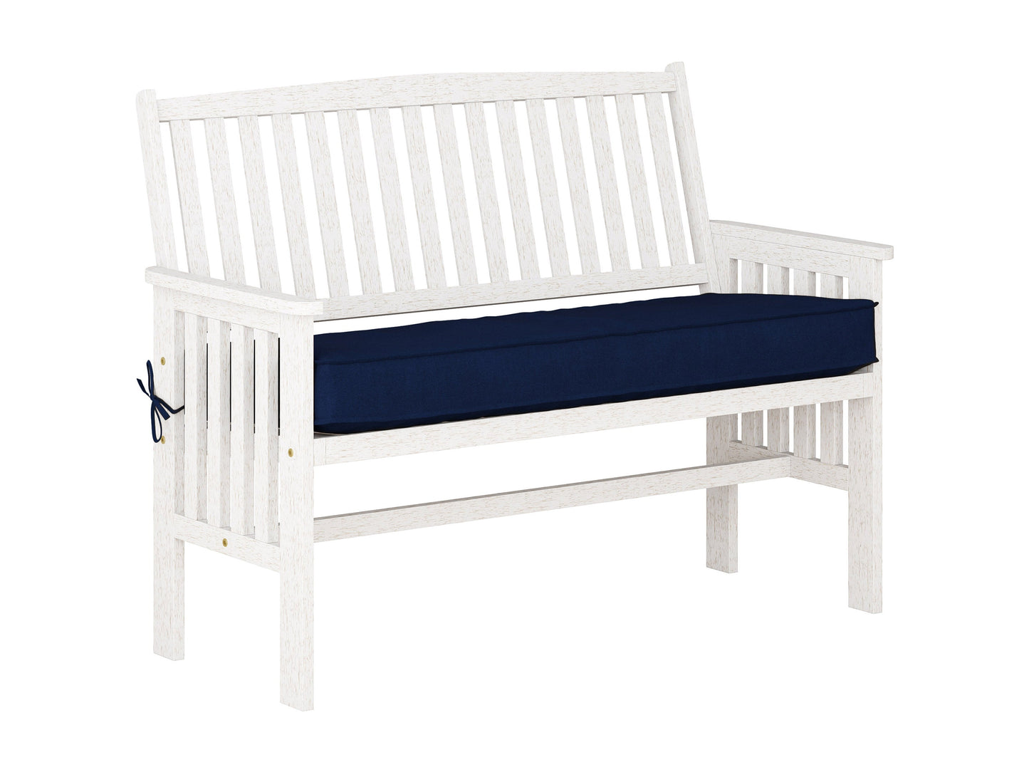 Washed white wood patio bench with backrest, slatted design, and durable construction for outdoor seating.