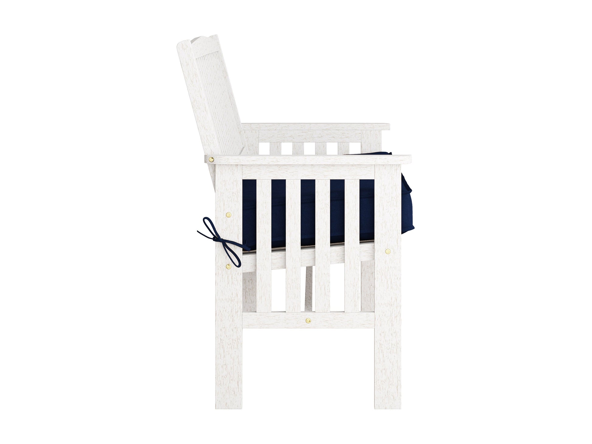 Washed white wood patio bench with backrest, slatted design, and sturdy construction for outdoor seating.