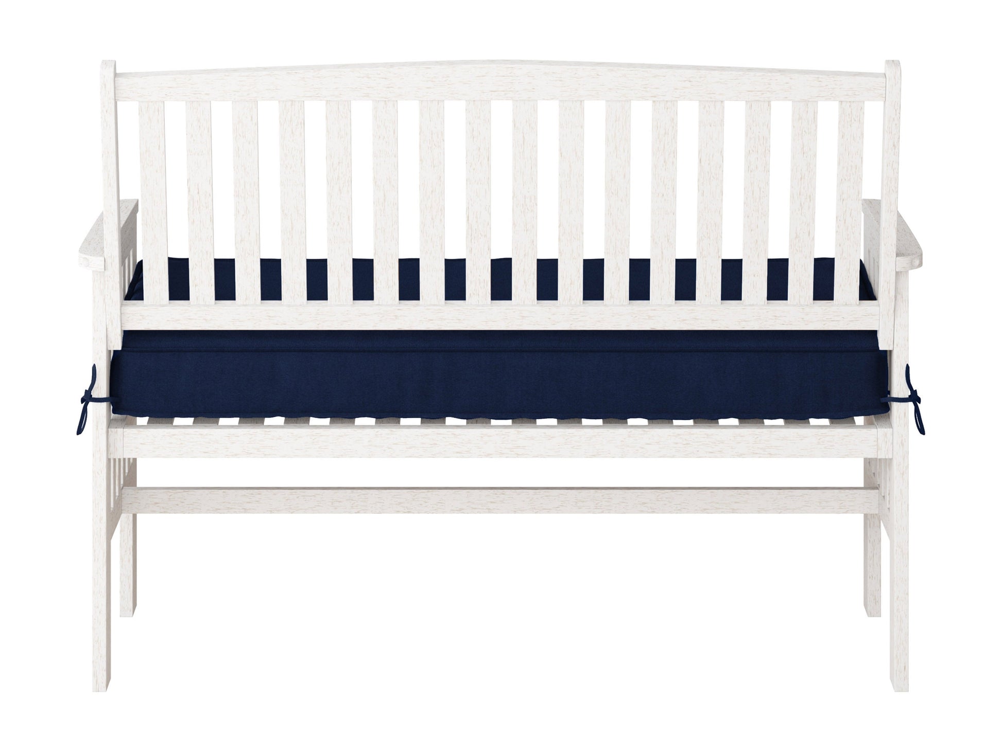 Washed white wood patio bench with backrest, slatted design, and sturdy construction for outdoor seating.