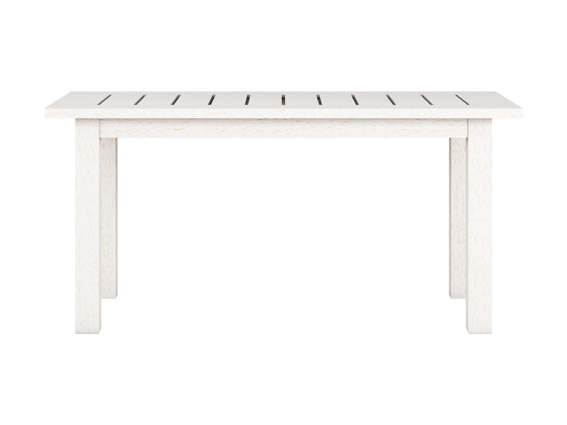 Washed white hardwood outdoor coffee table with slatted top and sturdy legs, perfect for patios and garden spaces.