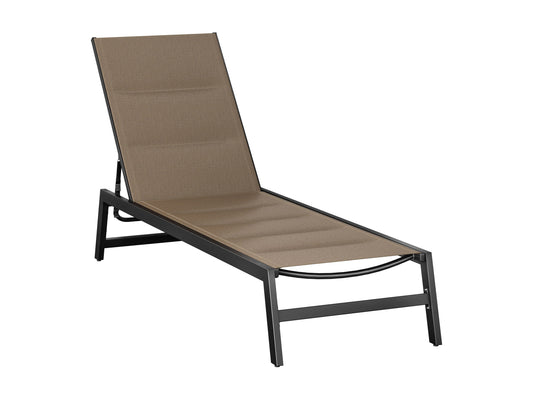 Taupe reclining patio lounge chair with cushion, durable frame, and weather-resistant fabric.
