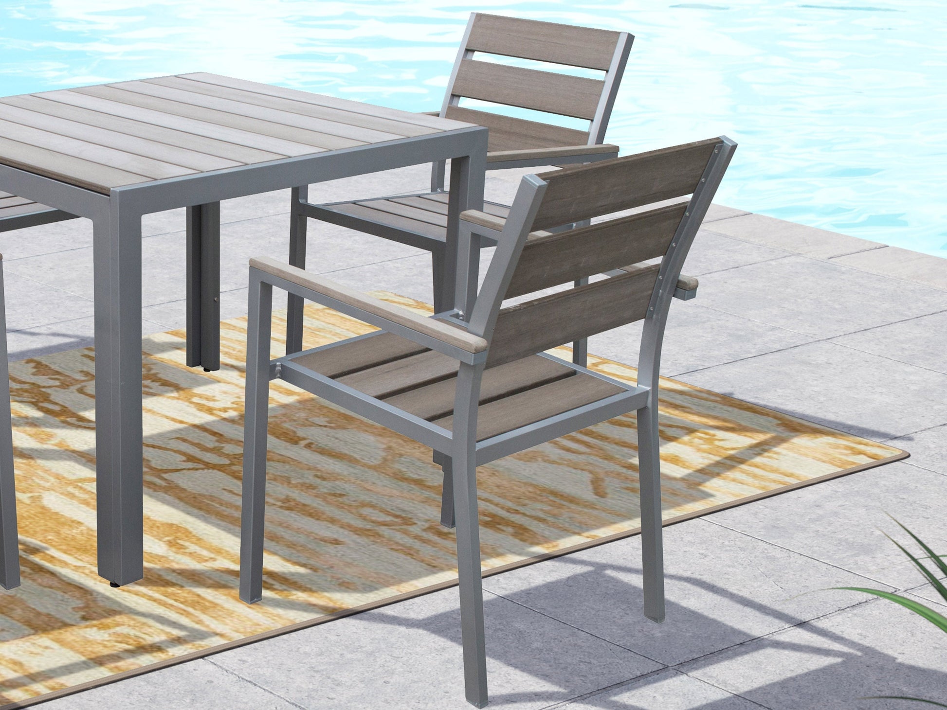 Grey patio dining chairs set of 2 with cushioned seats, aluminum frame, and weather-resistant fabric.