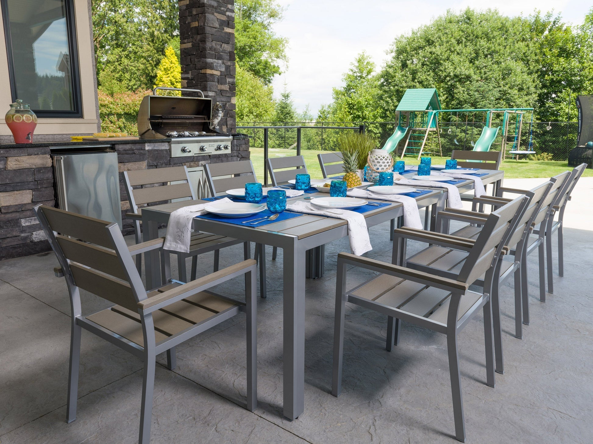 Grey patio dining chairs set of 2 with cushioned seats, metal frames, and weather-resistant design.