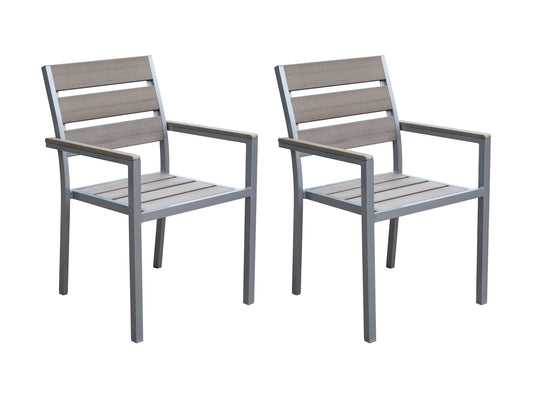 Grey patio dining chairs set of 2 with cushioned seats, sturdy metal frames, and weather-resistant fabric.