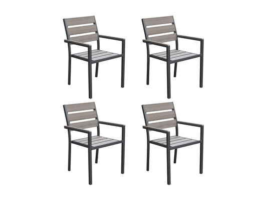 Charcoal grey patio dining chairs set of 4 with cushioned seats, metal frames, and weather-resistant fabric.