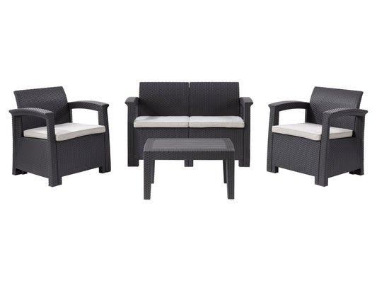 Grey patio conversation set, 4-piece with cushioned seats, rattan wicker frame, and glass-top coffee table.