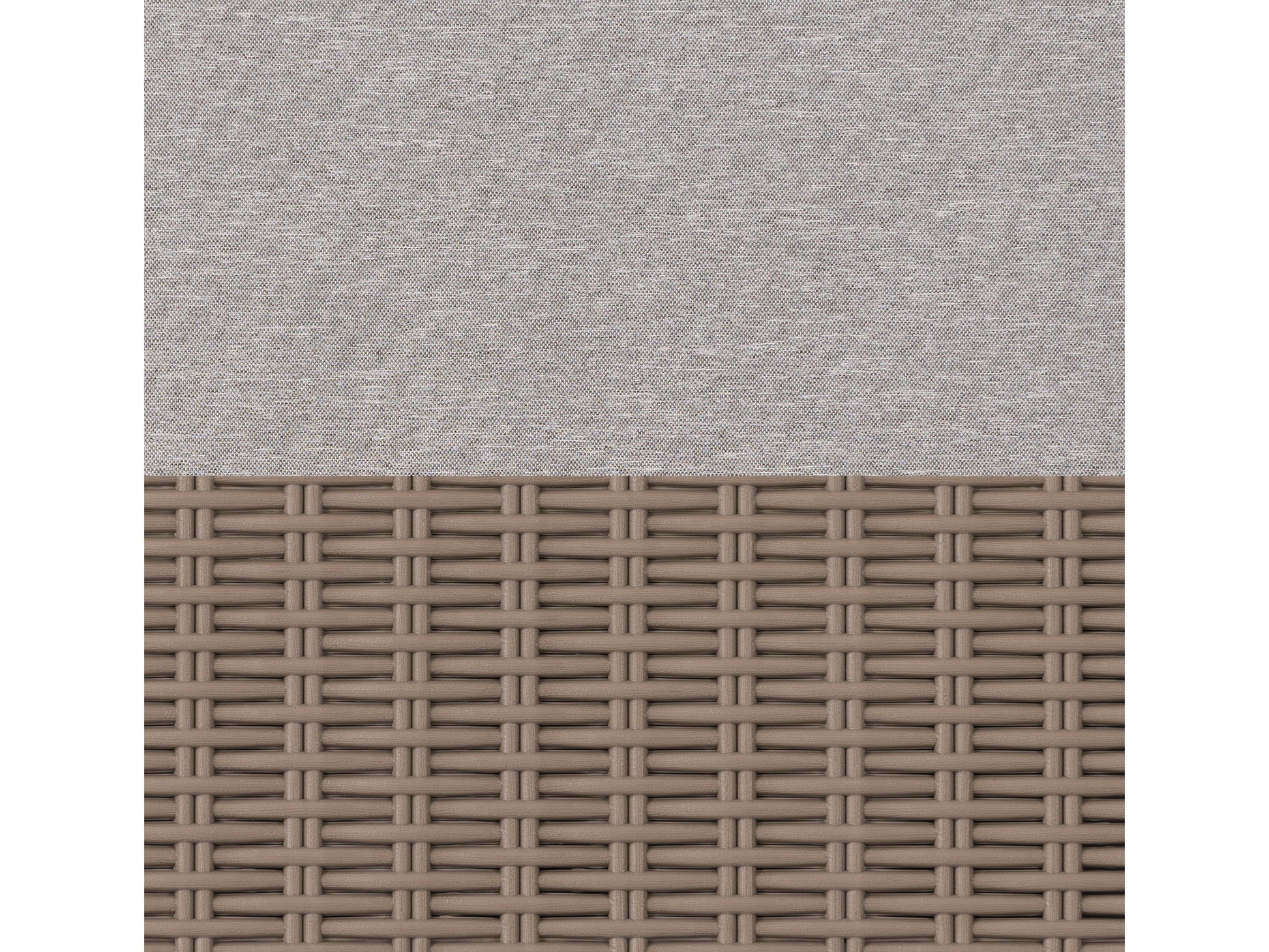 Beige 5pc patio conversation set with cushioned seats, wicker texture, and glass-top coffee table.