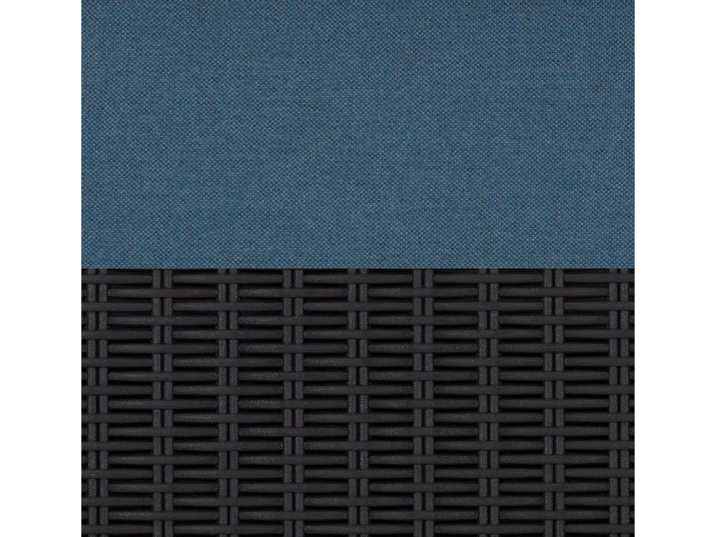 Black and blue 5pc patio conversation set with cushioned seats, glass-top table, and weather-resistant wicker.