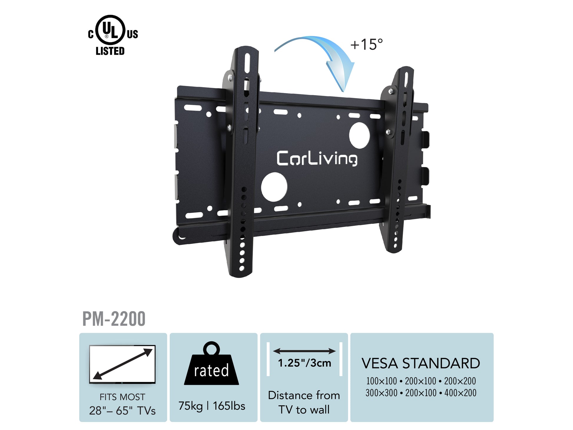 Black steel TV wall mount for 27-65 inch TVs, featuring adjustable tilt and swivel, secure mounting brackets, and cable management system against a neutral background.