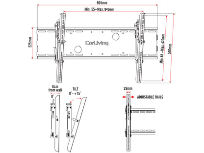 Tilting TV wall mount for 40" to 100" TVs, black, durable steel construction, integrated cable management, adjustable tilt for optimal viewing angles, slim profile for a sleek, modern look.