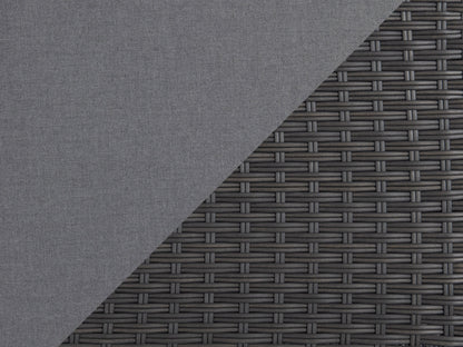 Grey outdoor wicker patio chair with cushioned seat, sturdy frame, and weather-resistant material.