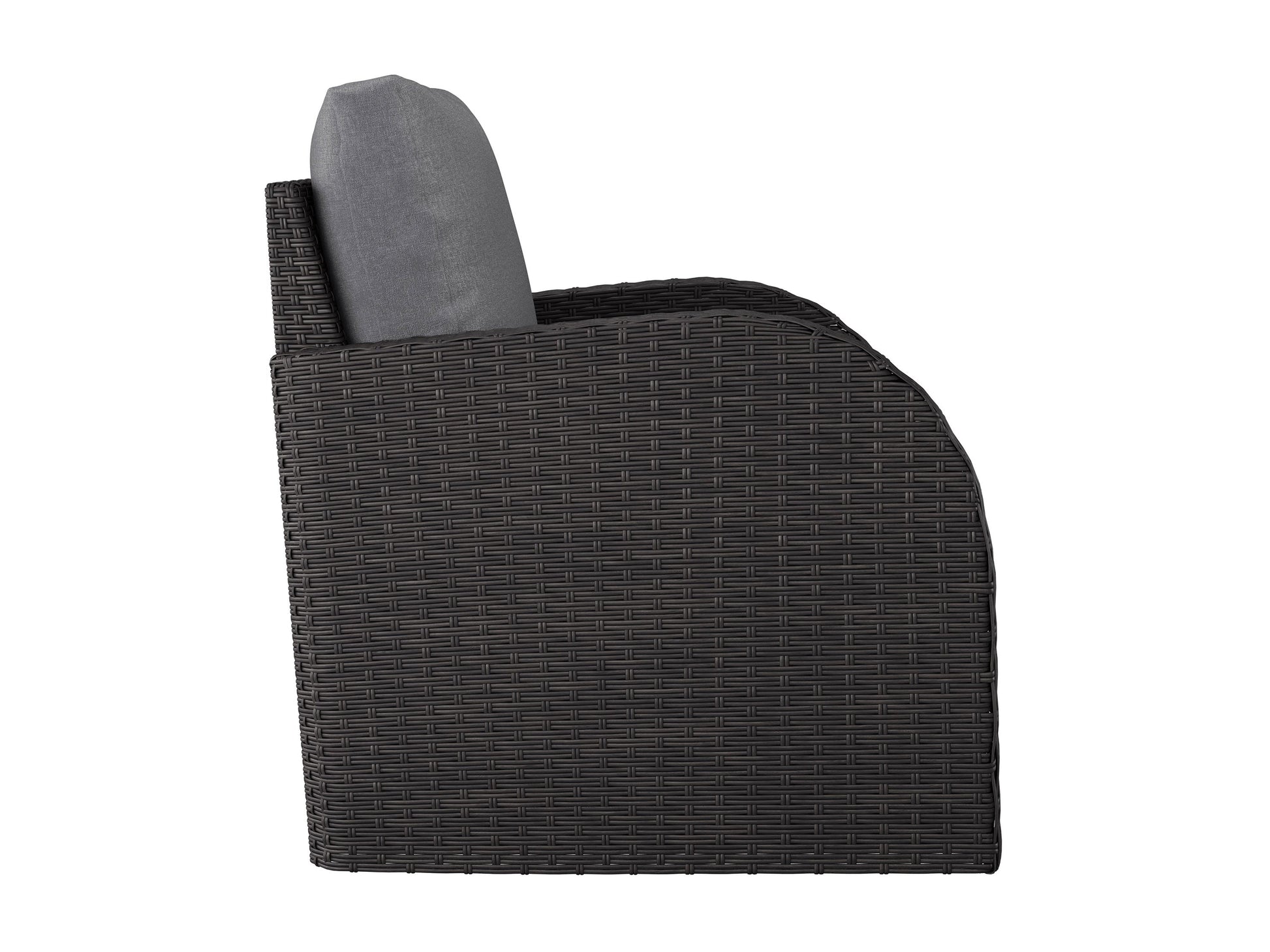 Grey outdoor wicker patio chair with cushioned seat, sturdy frame, and weather-resistant materials.