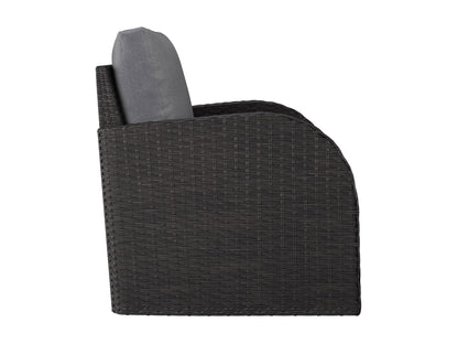 Grey outdoor wicker patio chair with cushioned seat, sturdy frame, and weather-resistant materials.