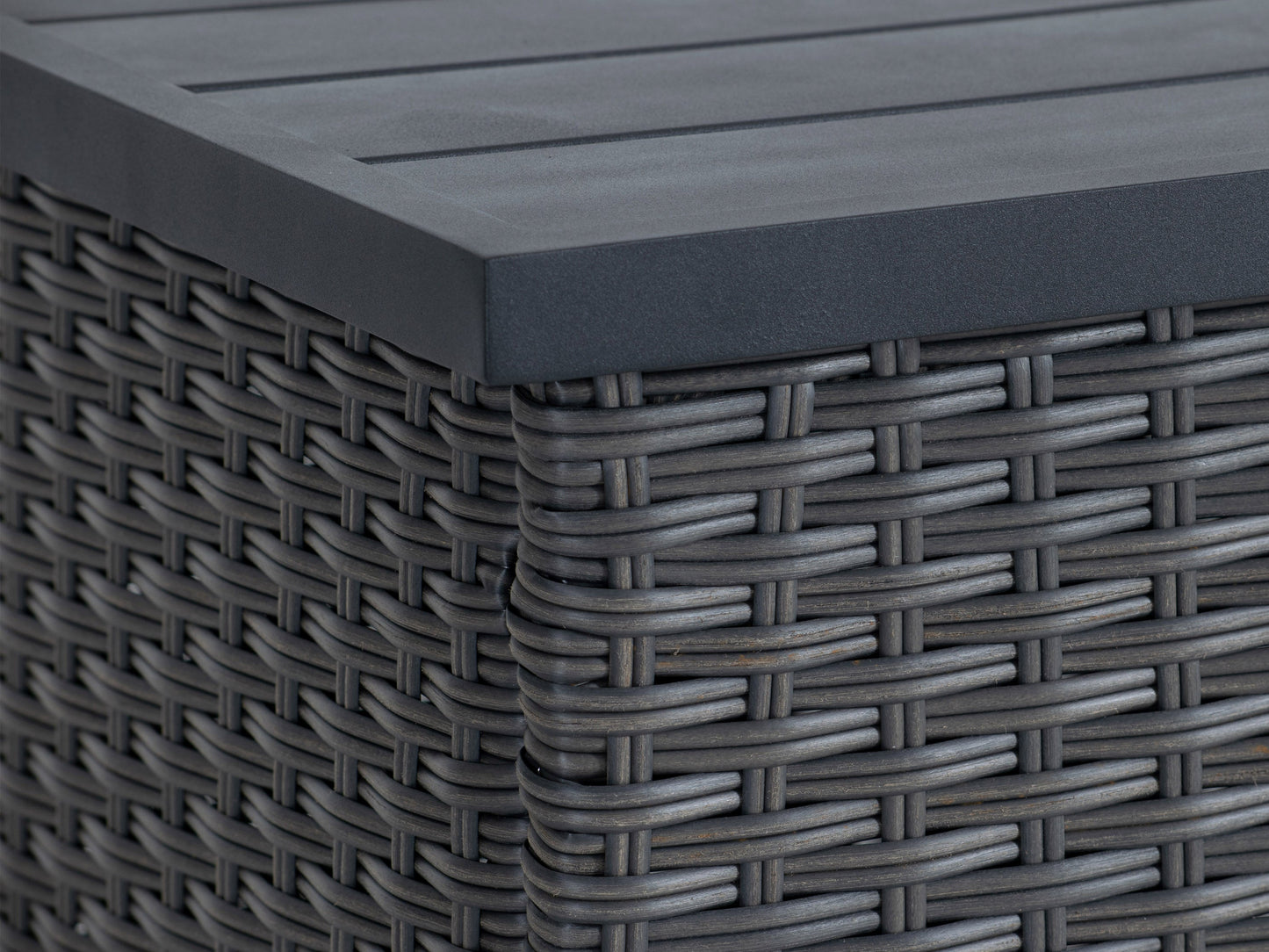 Grey outdoor wicker patio set with table and chairs, featuring durable materials and stylish design.
