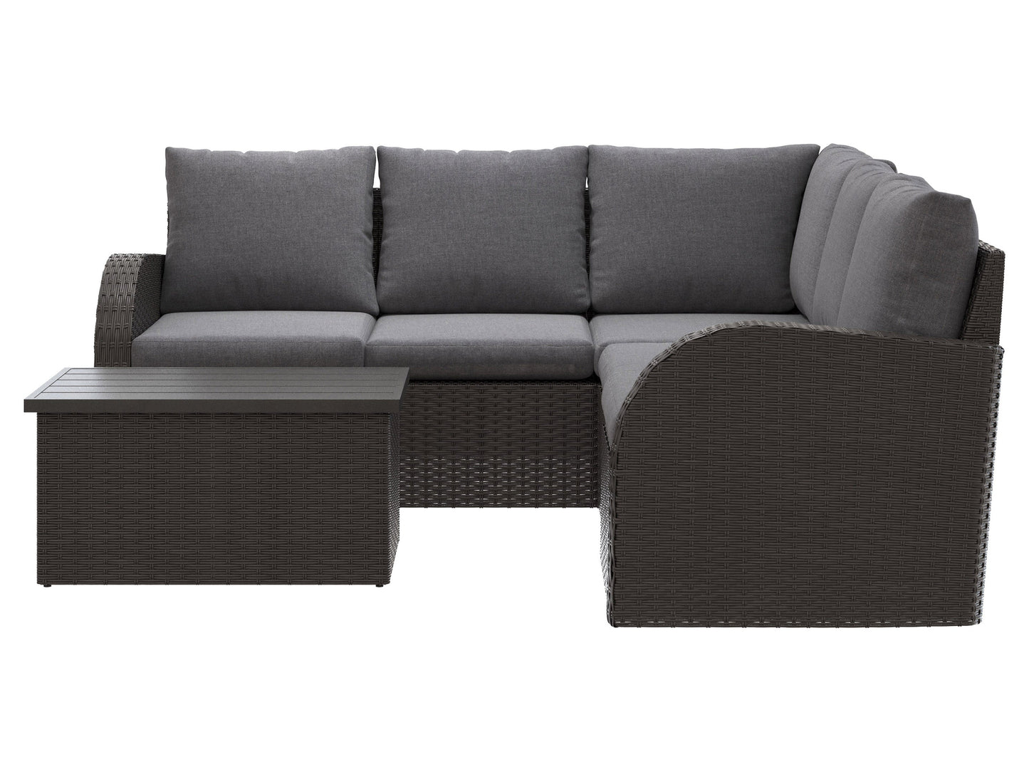 Grey outdoor wicker sectional set, 6-piece patio furniture with cushions, modern design, durable and weather-resistant.