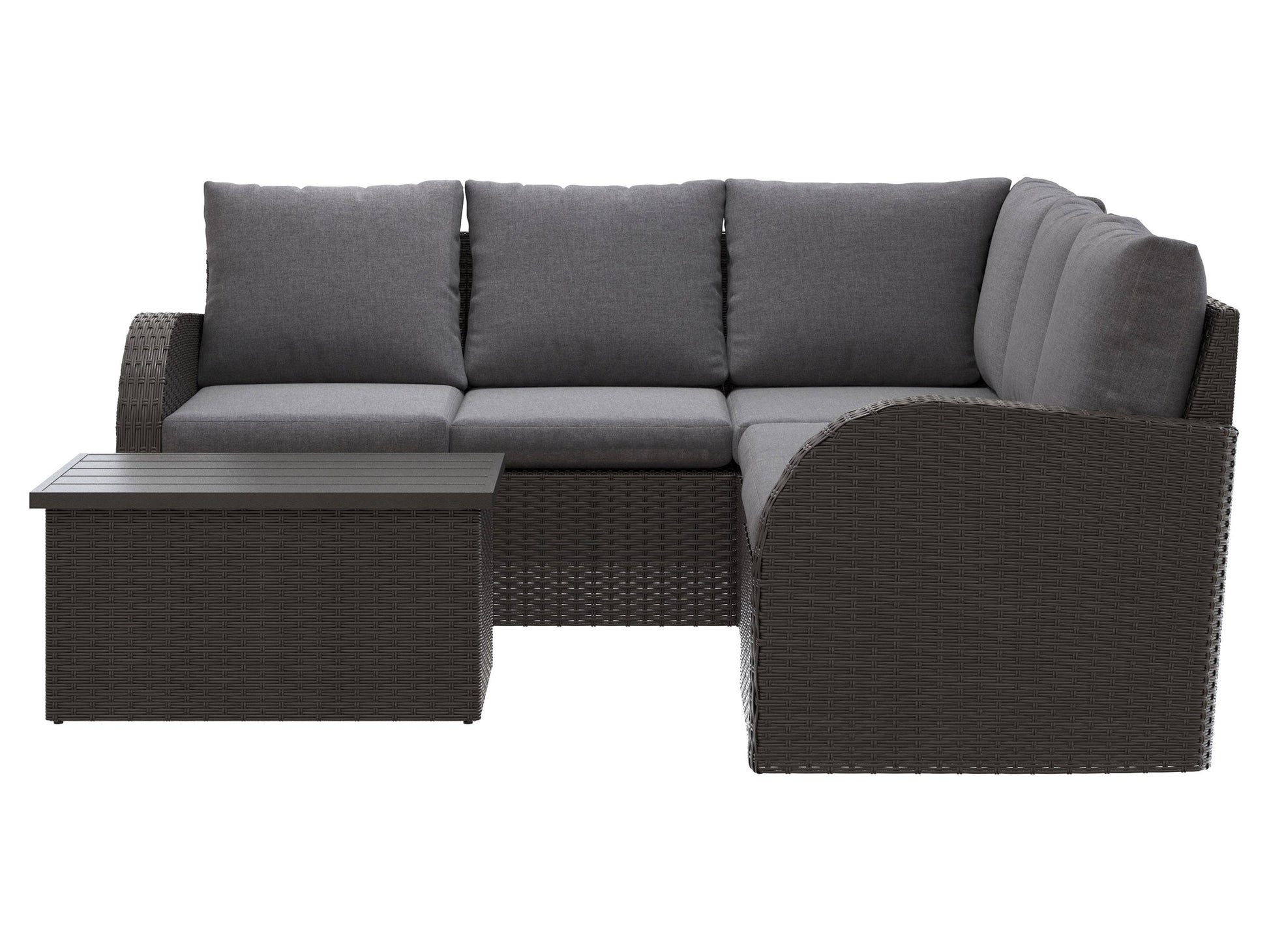 Grey outdoor wicker sectional set, 6-piece patio furniture with cushions, modern design, durable and weather-resistant.