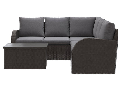 Grey outdoor wicker sectional set, 6-piece patio furniture with cushions, modern design, durable and weather-resistant.