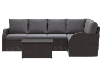 Grey outdoor wicker sectional set, 6-piece, durable patio furniture with cushions, modern design, weather-resistant.