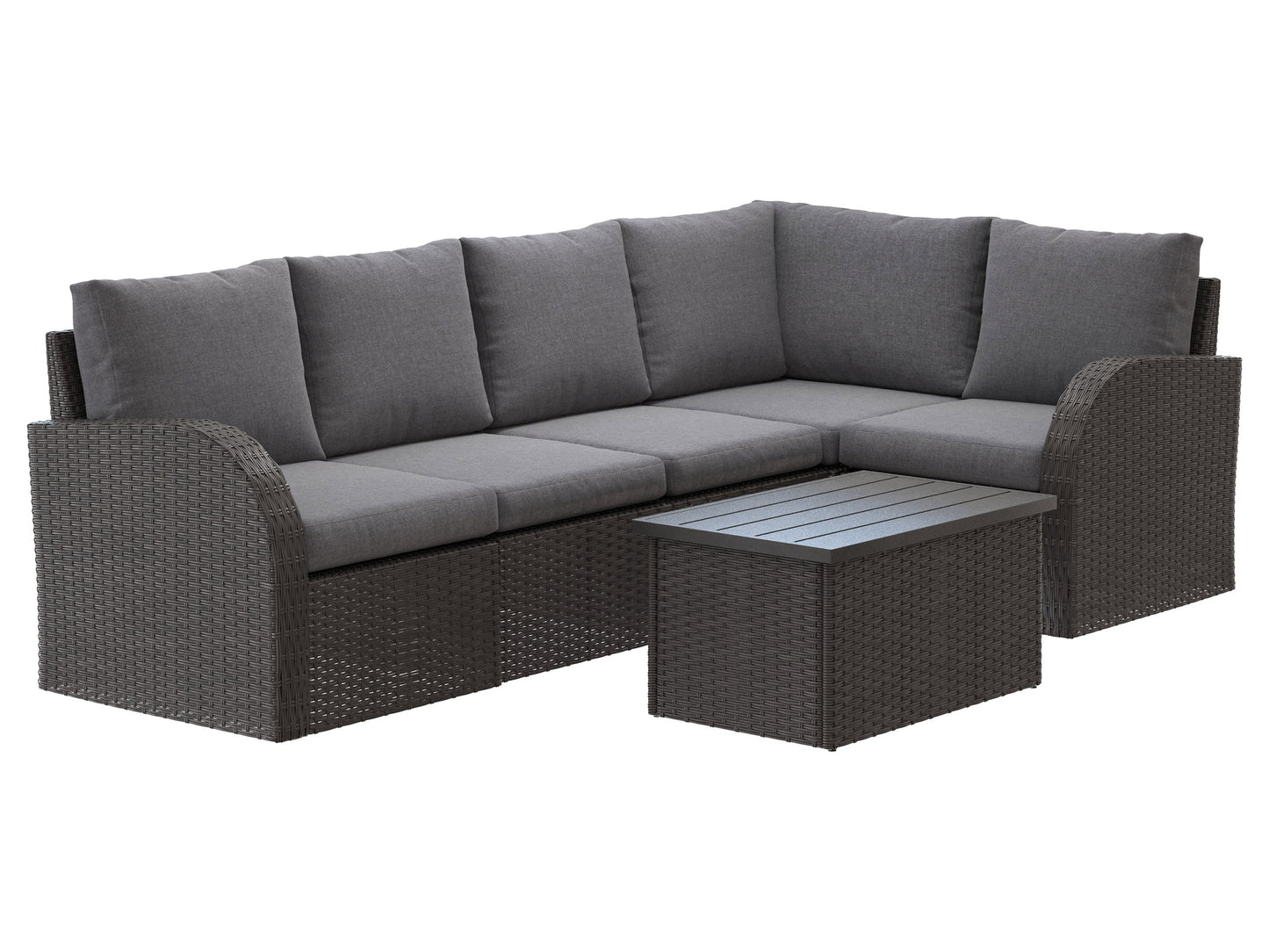 Outdoor grey wicker sectional set, 6-piece, with cushions and modular design for patio lounging.