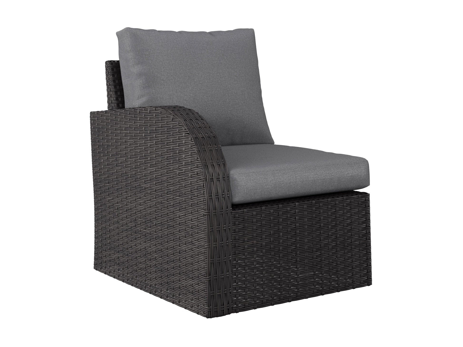 Grey outdoor wicker sectional set, 6-piece, with weather-resistant cushions and modular design for patio or garden.