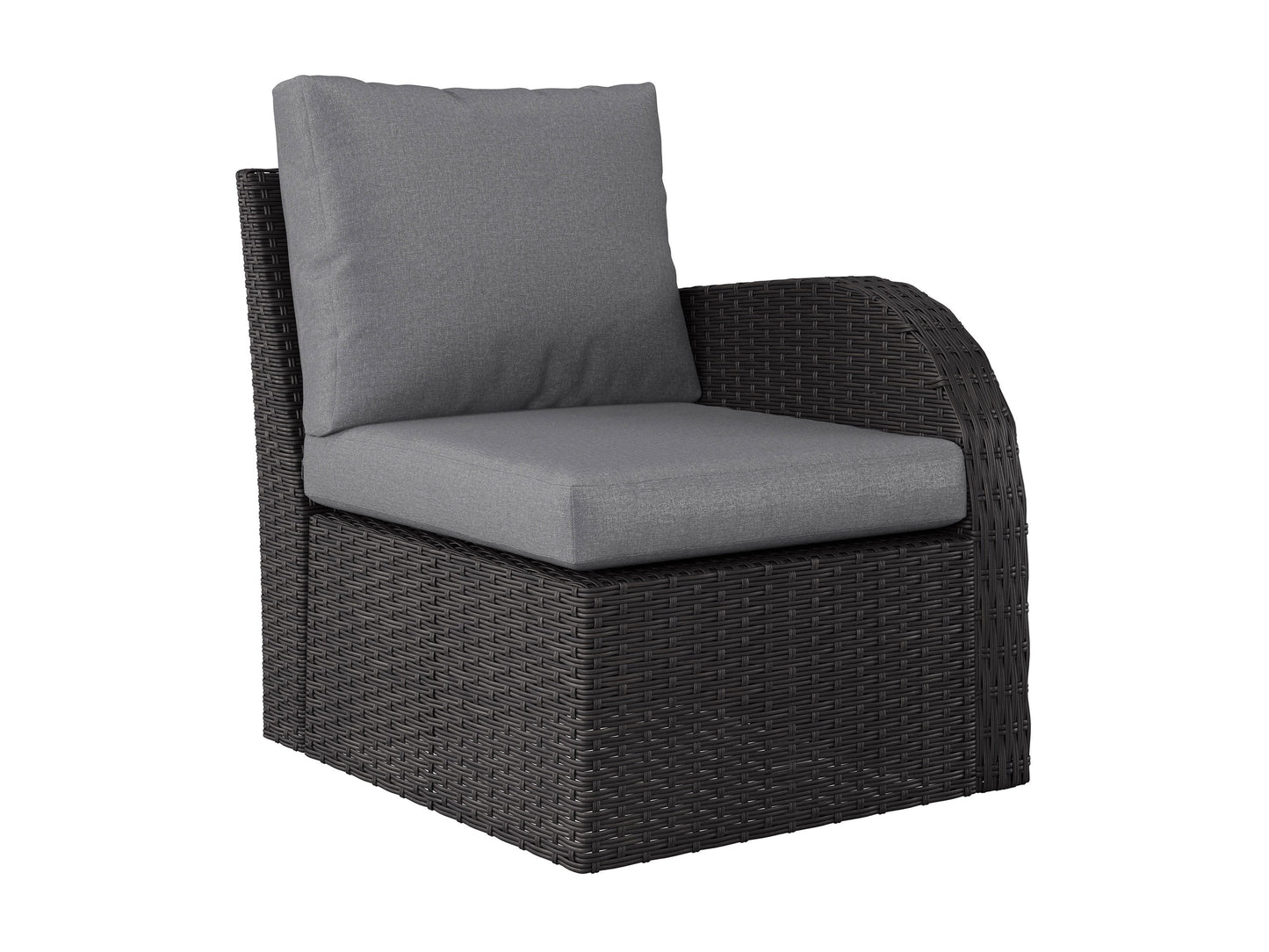 Outdoor grey wicker sectional set, 6-piece patio furniture with cushions, modern design, durable materials.