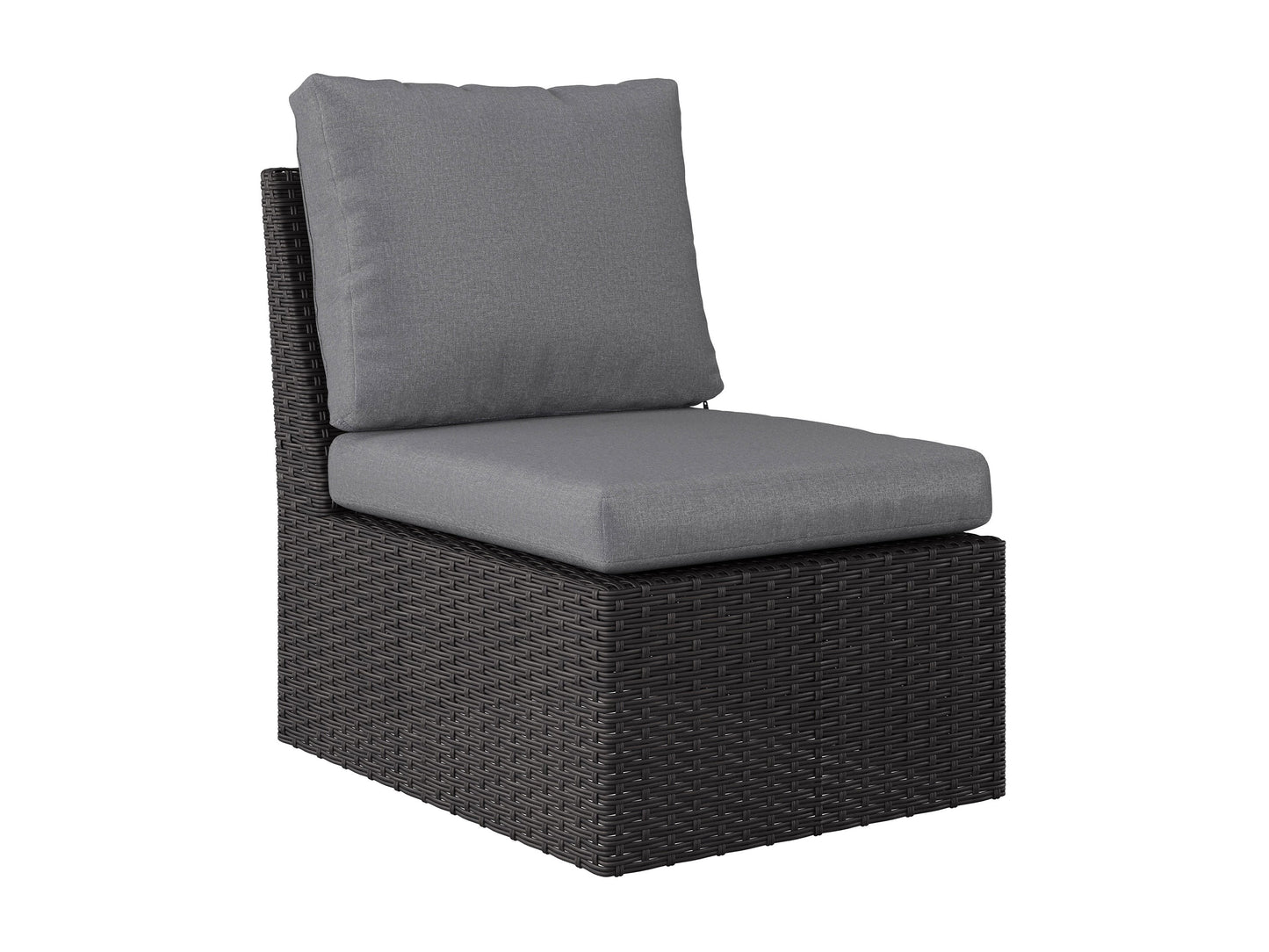 Grey outdoor wicker sectional set, 6-piece, with cushions and a modern design for patio use.