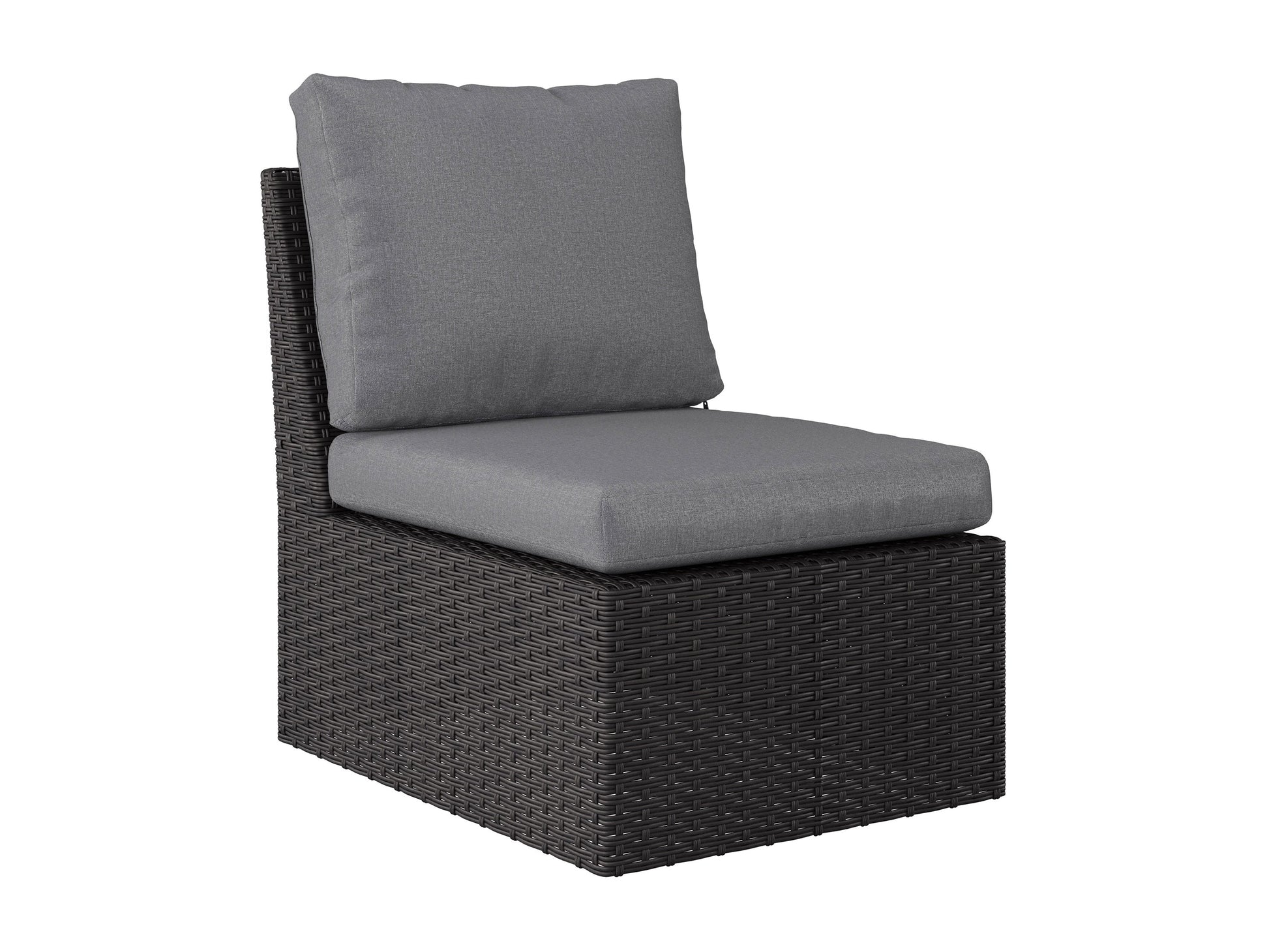 Grey outdoor wicker sectional set, 6-piece, with cushions and a modern design for patio use.