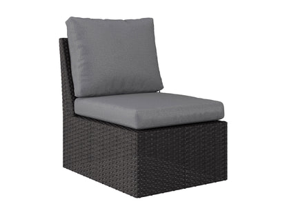 Grey outdoor wicker sectional set, 6-piece, with cushions and a modern design for patio use.