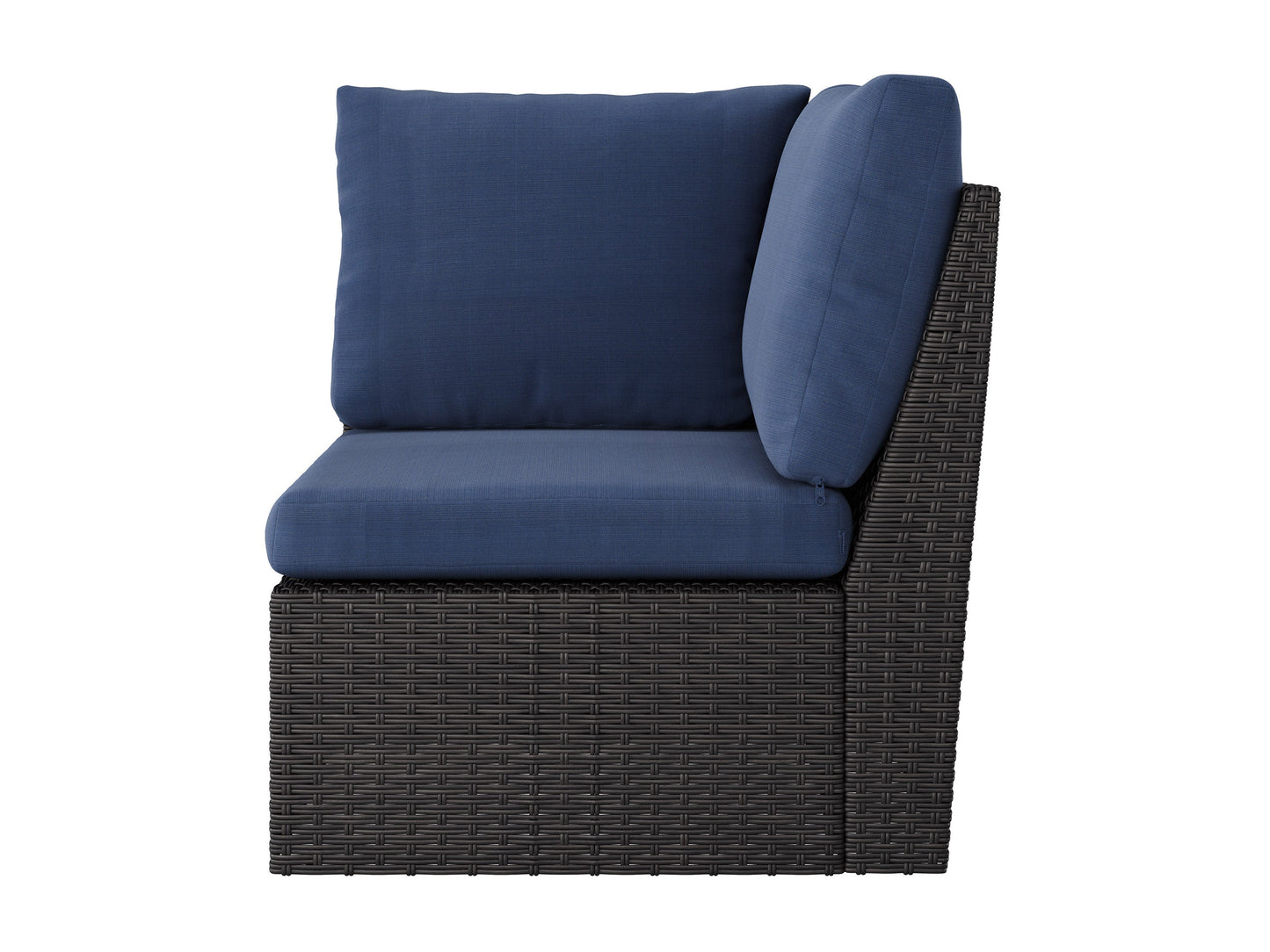 Blue outdoor sectional corner chair with weather-resistant cushions and sturdy metal frame.