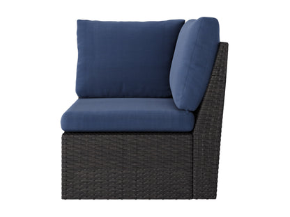 Blue outdoor sectional corner chair with weather-resistant cushions and sturdy metal frame.