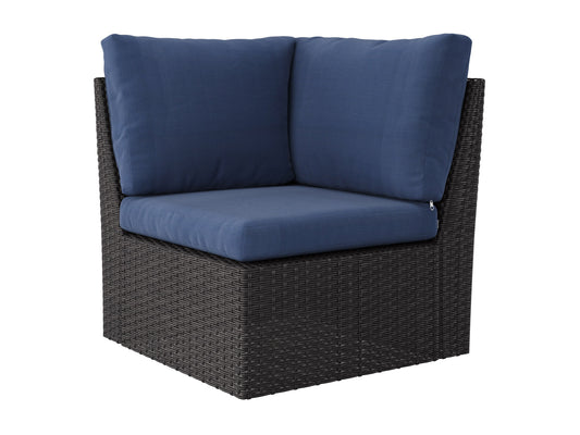 Blue outdoor sectional corner chair with weather-resistant fabric, aluminum frame, and plush cushions for patio use.