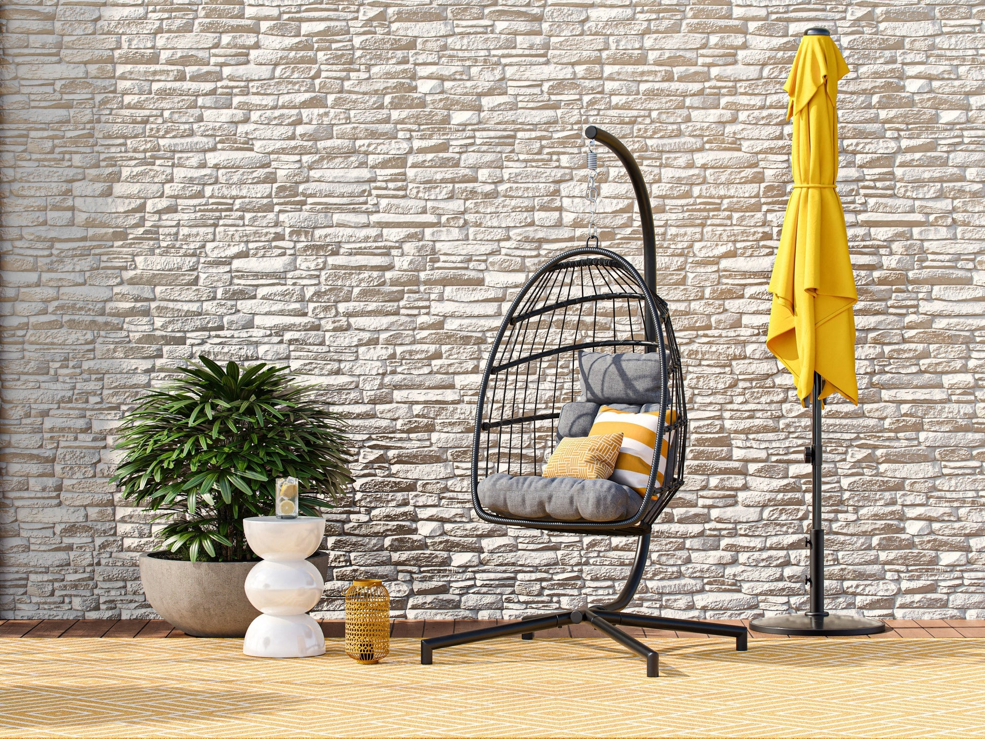 Grey hanging egg chair for patio with cushioned seat, durable rattan weave, and sturdy metal stand.