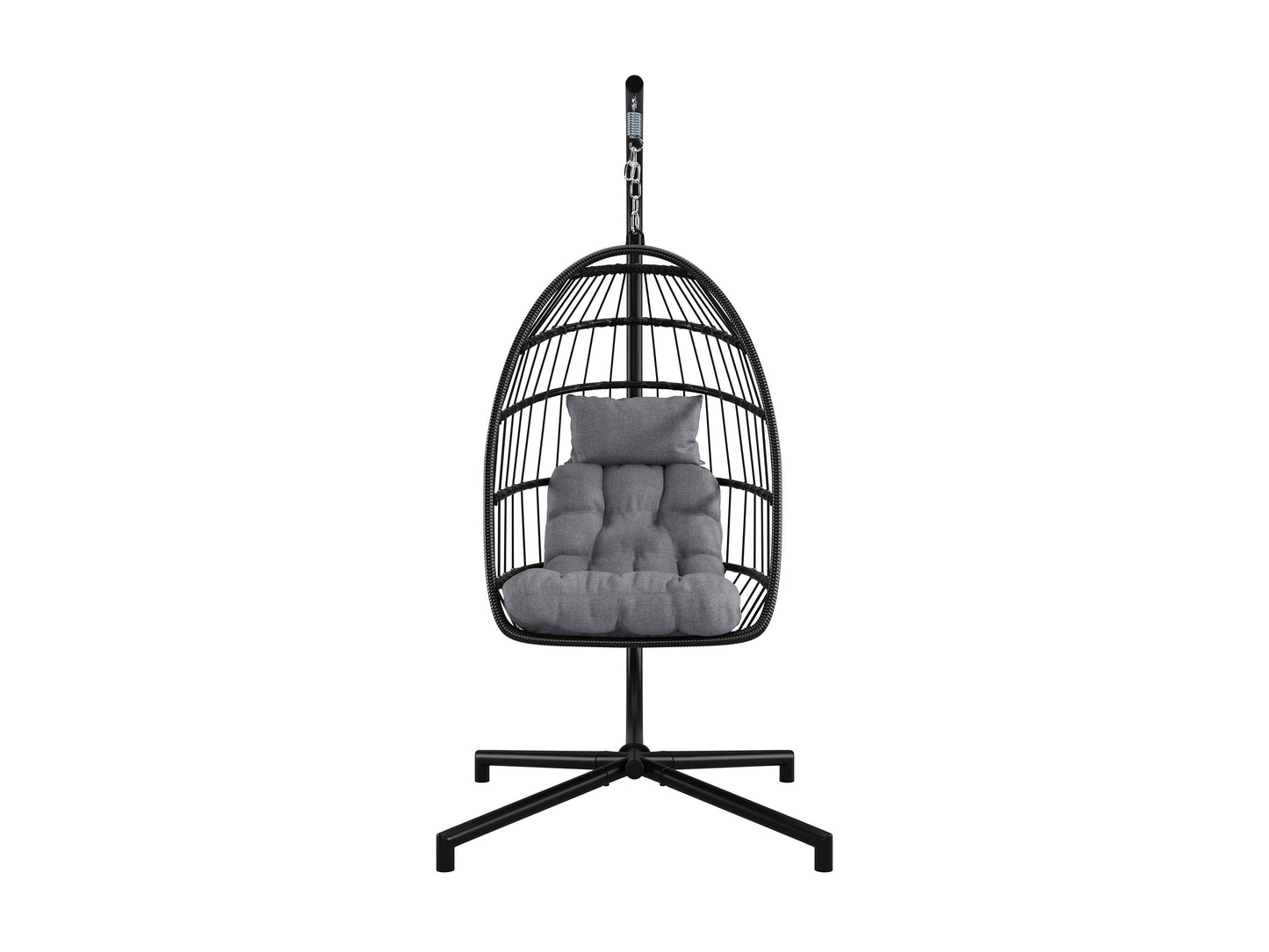 Grey hanging egg chair, patio swing with cushioned seat, and sturdy woven rattan design