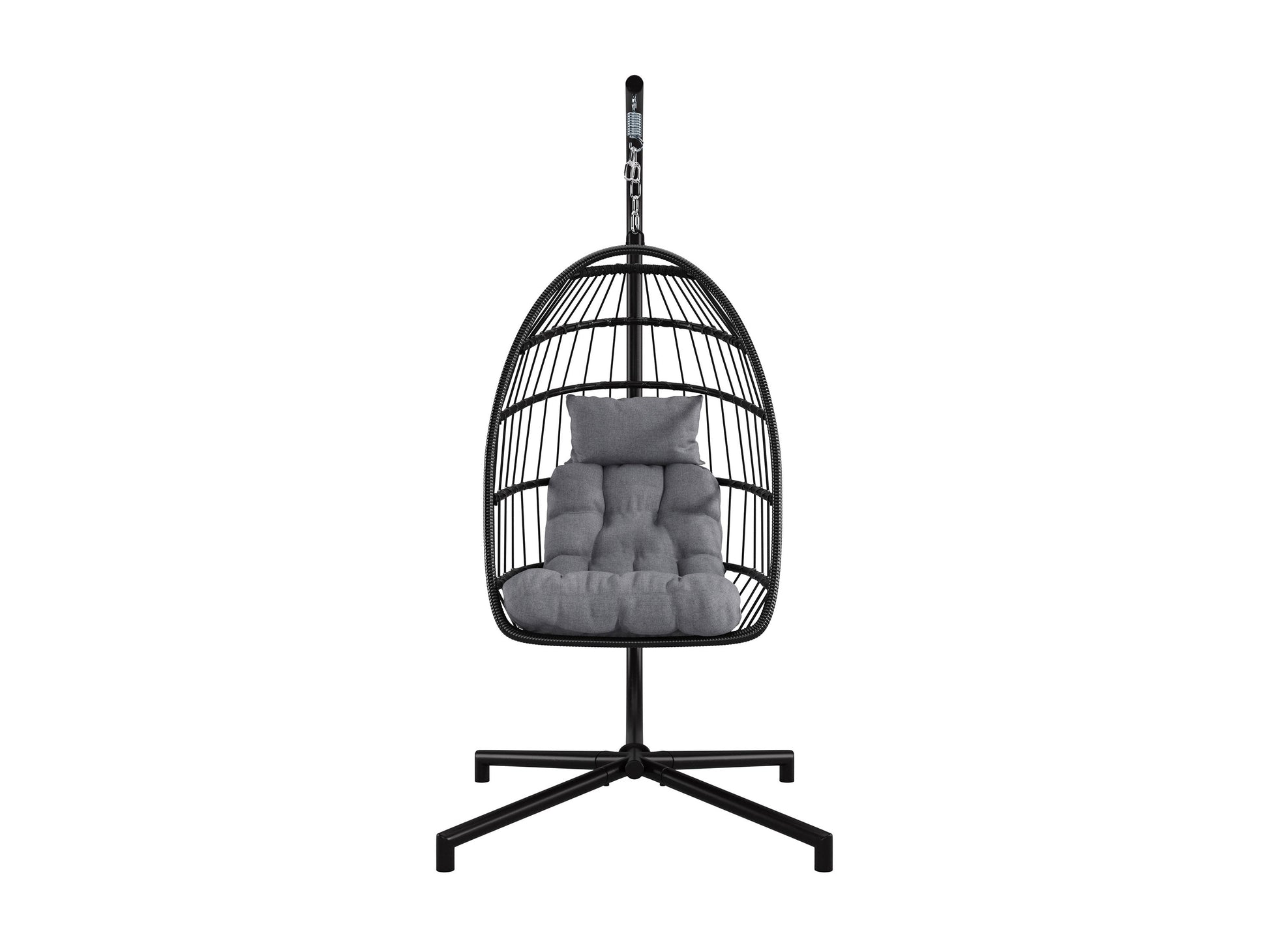 Grey hanging egg chair, patio swing with cushioned seat, and sturdy woven rattan design