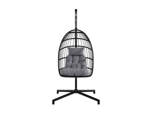 Grey hanging egg chair, patio swing with cushioned seat, and sturdy woven rattan design
