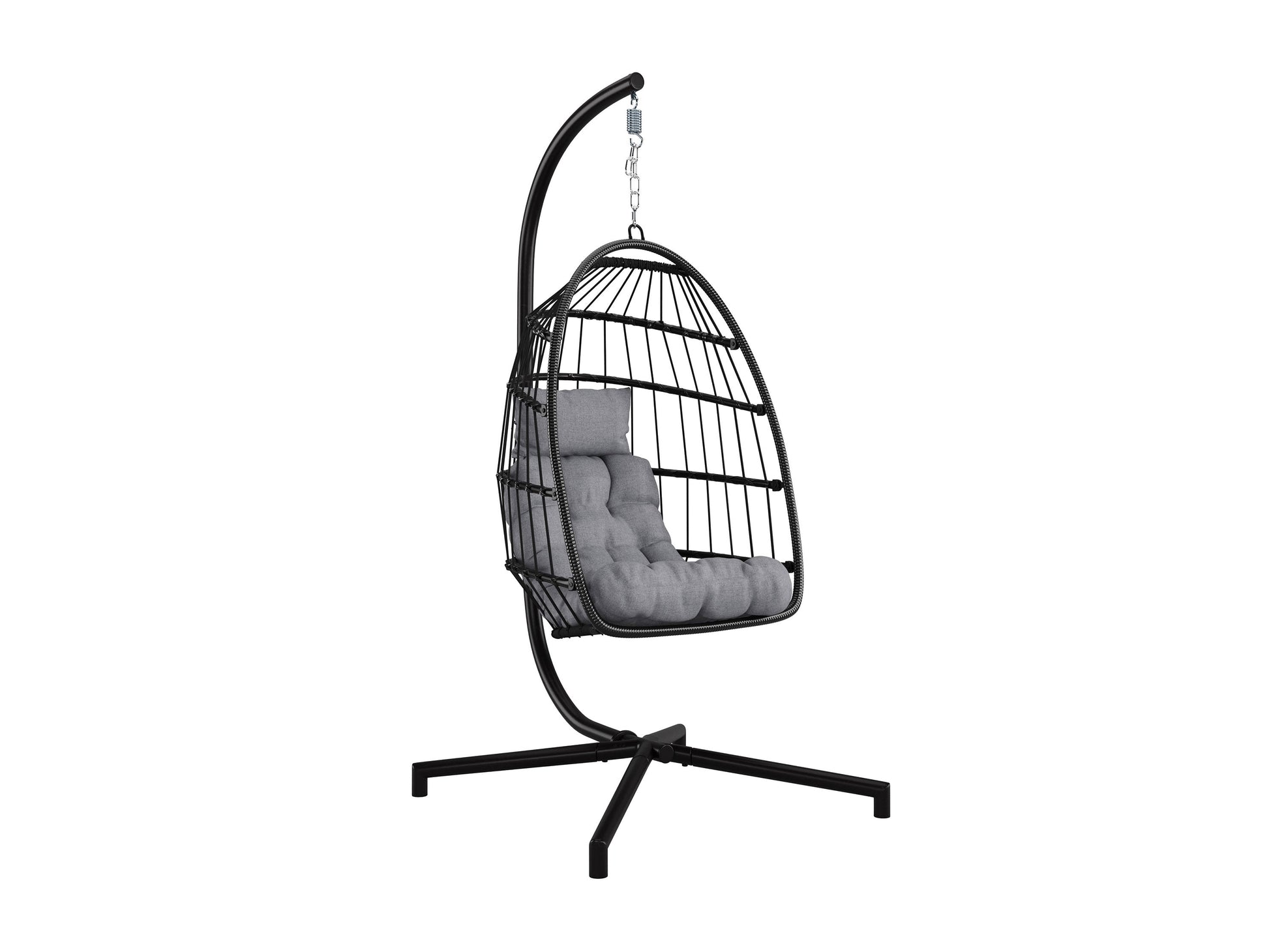 Grey hanging egg chair with cushions, woven rattan design, and sturdy metal stand for patio or garden use.
