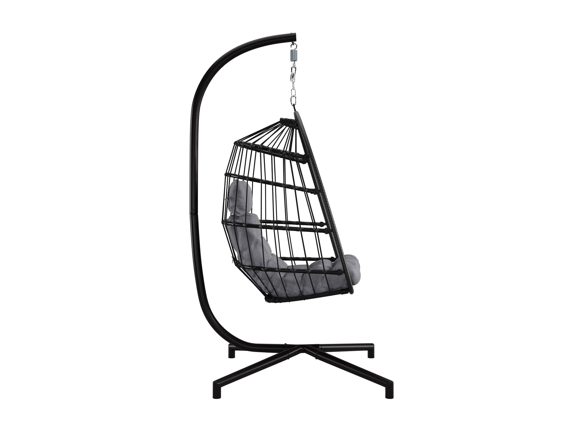 Grey hanging egg chair with cushion, rattan design, and sturdy metal stand for patio or garden relaxation.