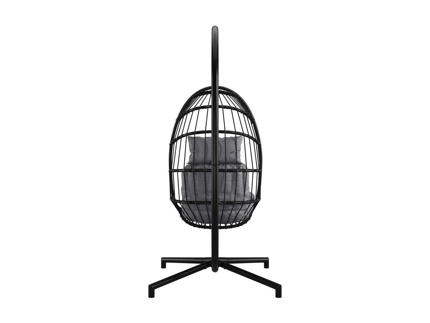 Grey hanging egg chair patio swing with plush cushions, durable rattan weave, and sturdy metal stand.