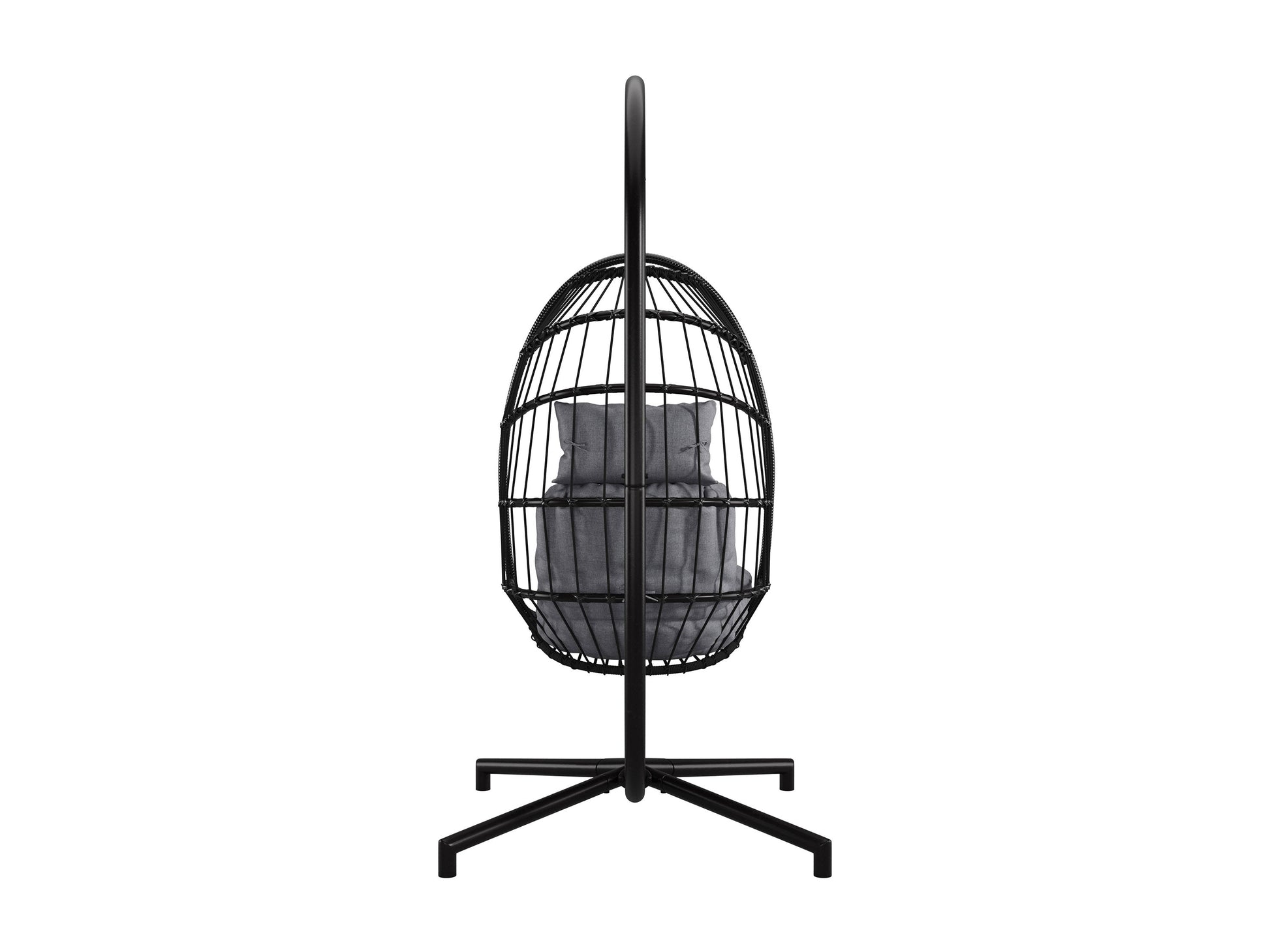 Grey hanging egg chair patio swing with plush cushions, durable rattan weave, and sturdy metal stand.