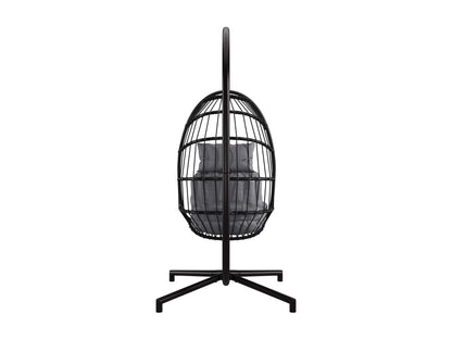 Grey hanging egg chair patio swing with plush cushions, durable rattan weave, and sturdy metal stand.