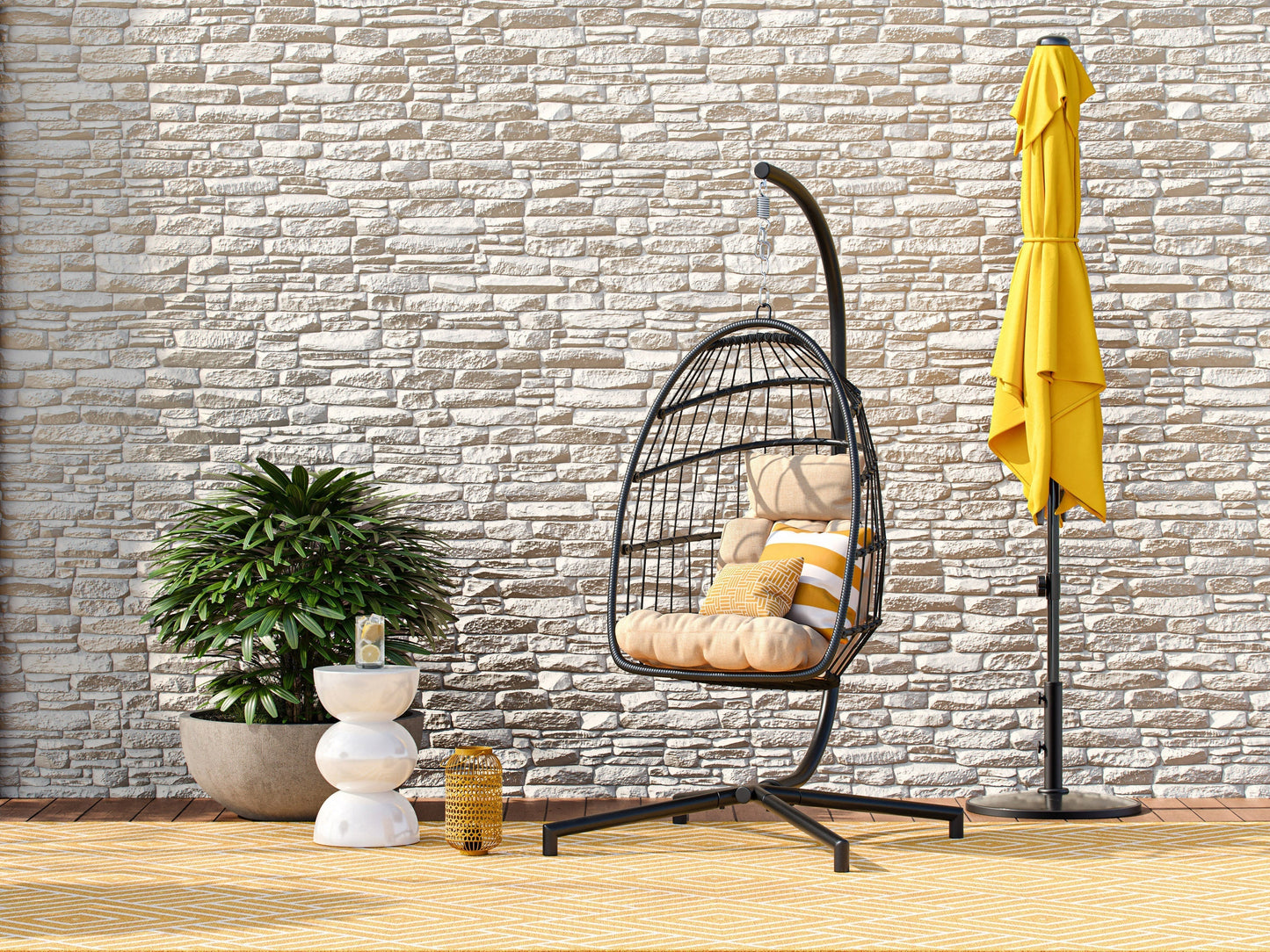 Beige hanging egg chair with plush cushions, durable wicker frame, and sturdy metal stand for patio relaxation.