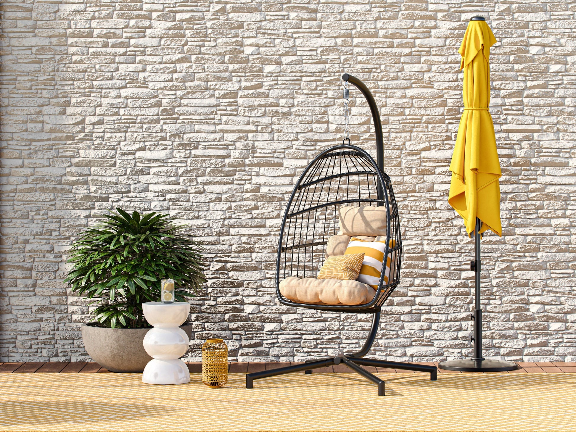 Beige hanging egg chair with plush cushions, durable wicker frame, and sturdy metal stand for patio relaxation.