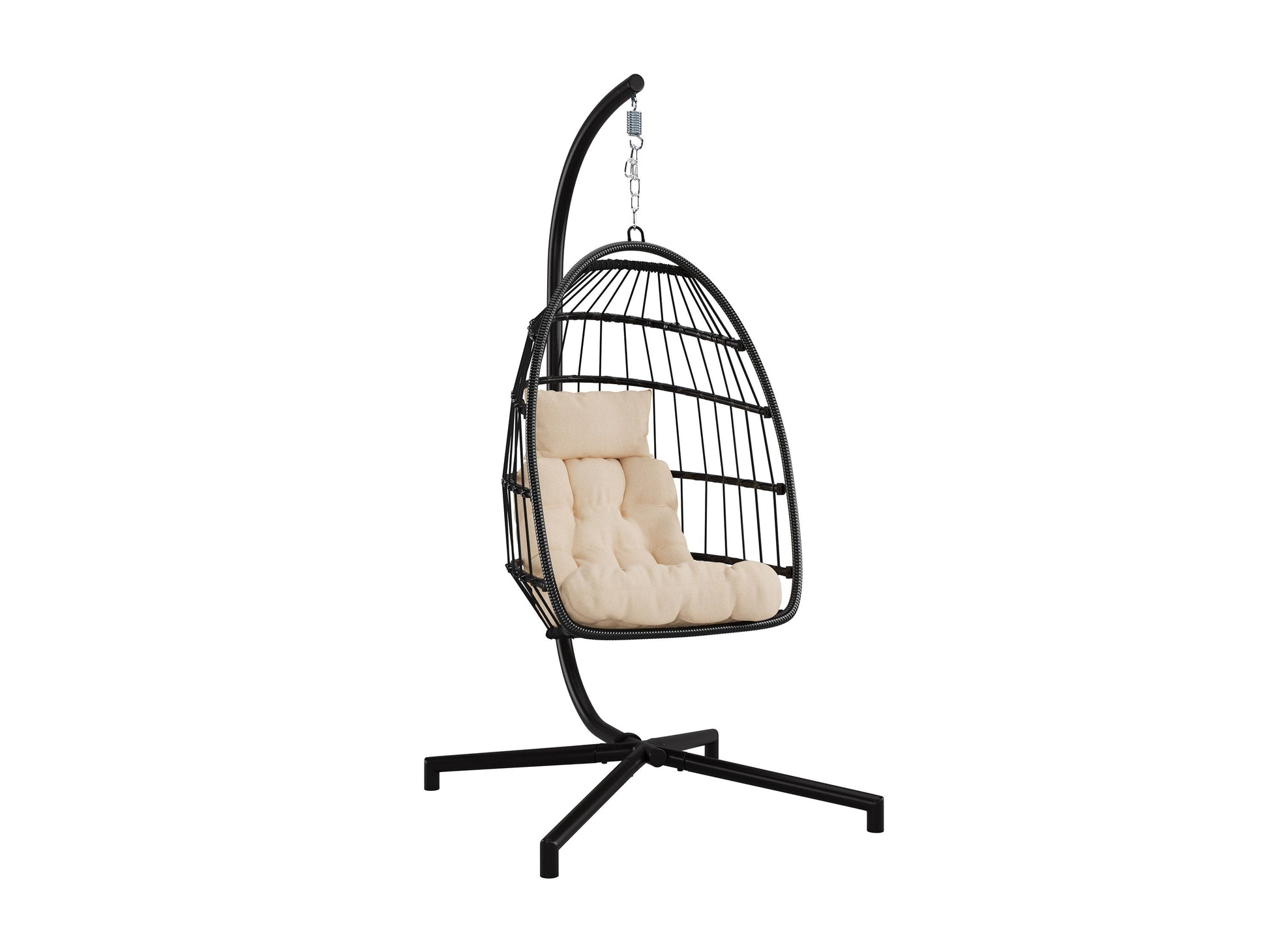 Beige hanging egg chair with cushions and sturdy metal stand for patio relaxation.