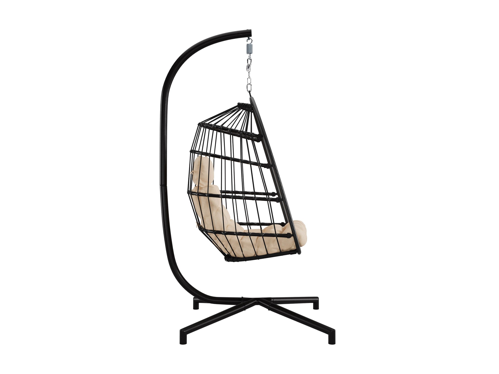 Hanging egg chair in beige with cushioned seat, woven rattan design, and sturdy metal stand for patio use.
