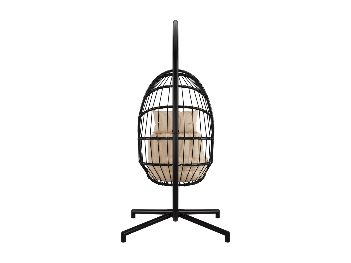 Beige hanging egg chair with a cushioned seat, rattan weave, and sturdy metal frame for patio use.