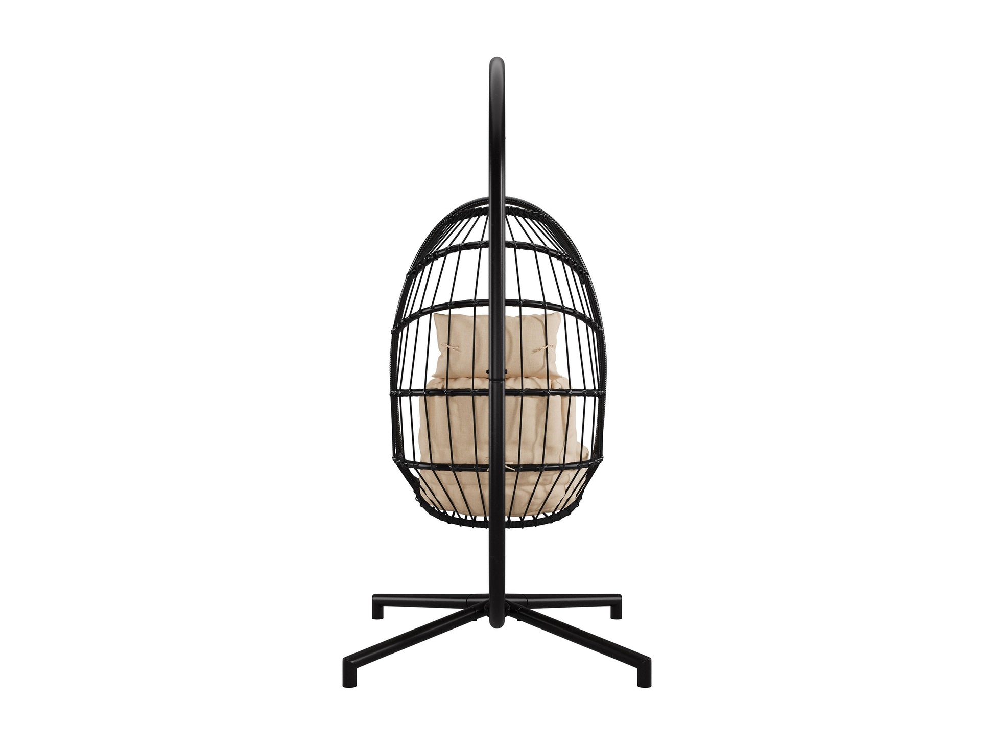 Beige hanging egg chair with a cushioned seat, rattan weave, and sturdy metal frame for patio use.