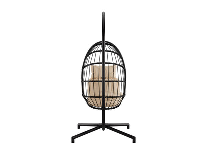 Beige hanging egg chair with a cushioned seat, rattan weave, and sturdy metal frame for patio use.